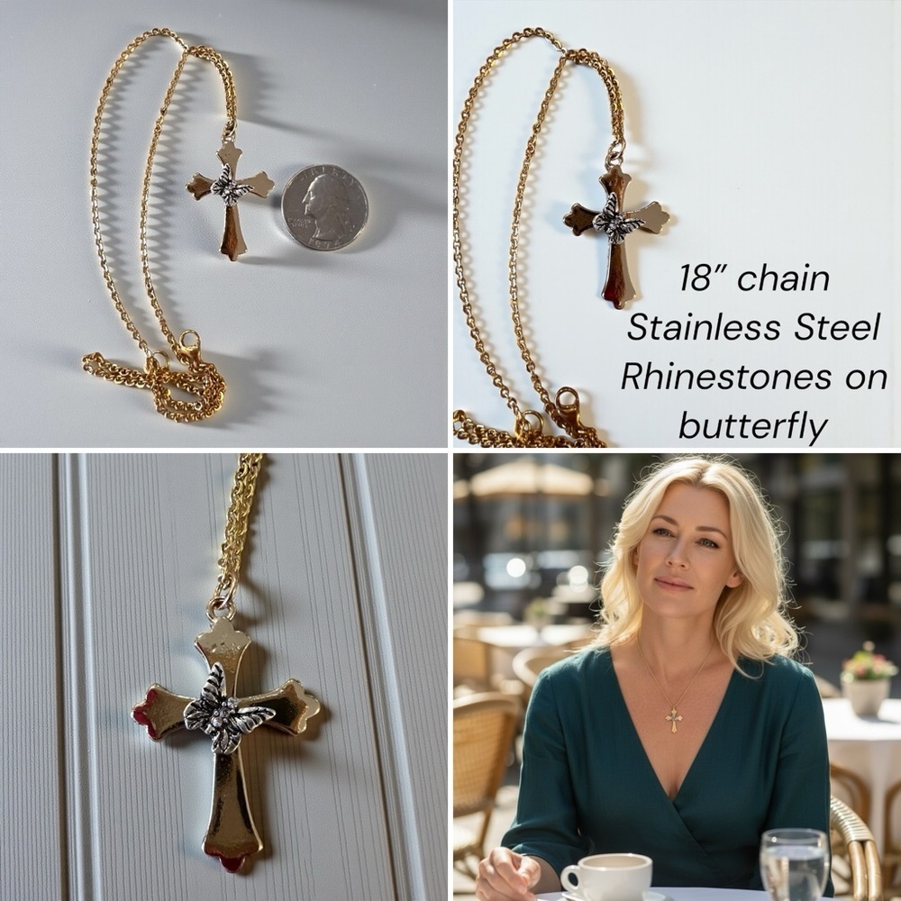 Gold and Silver Toned Cross and Butterfly Pendant Necklace - Picture 17 of 17